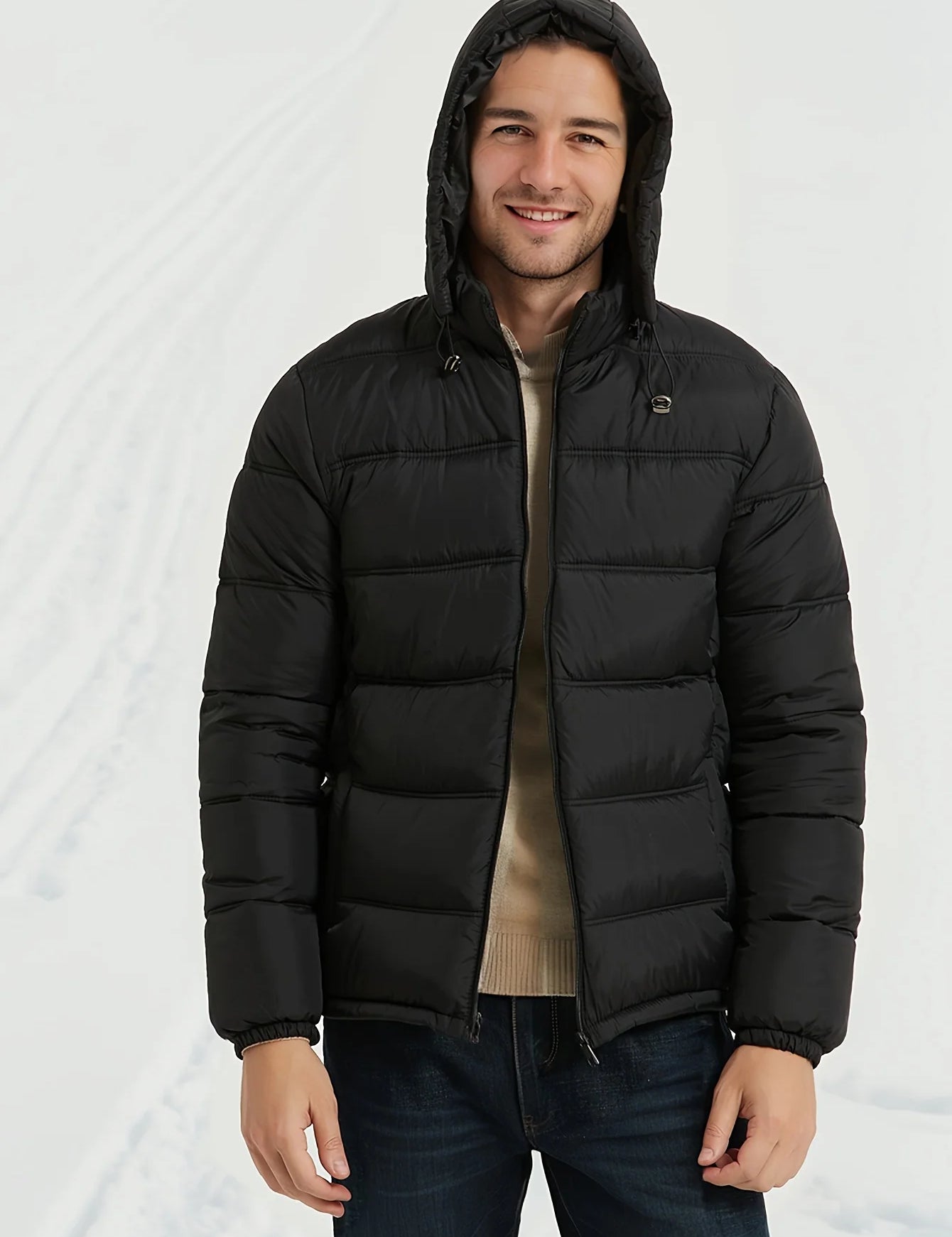 Men's black puffer jacket with hood and zip pockets, photo 1