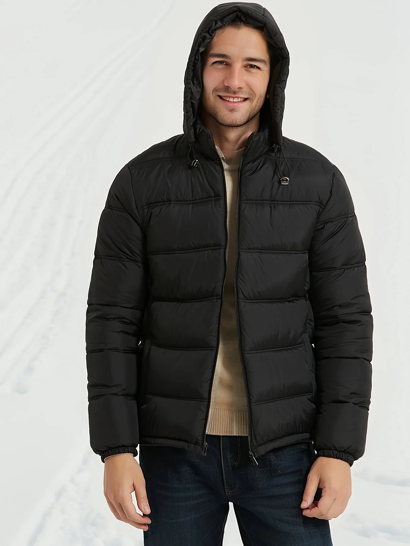 Men's black puffer jacket with hood and zip pockets, photo 1