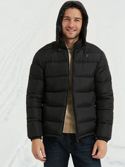 Men's black puffer jacket with hood and zip pockets, photo 1