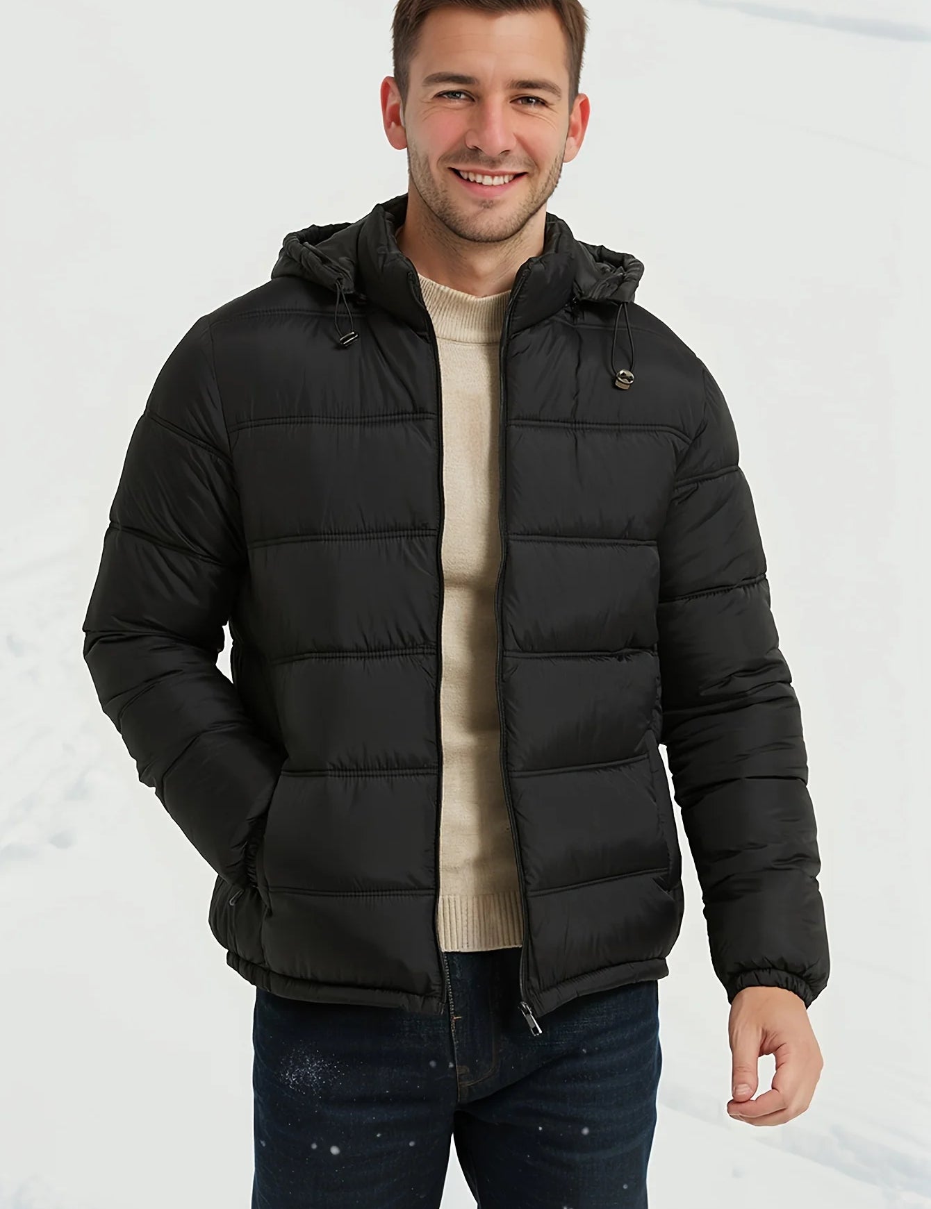 Men's black puffer jacket with hood and zip pockets, photo 2