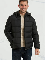 Men's black puffer jacket with hood and zip pockets, photo 2