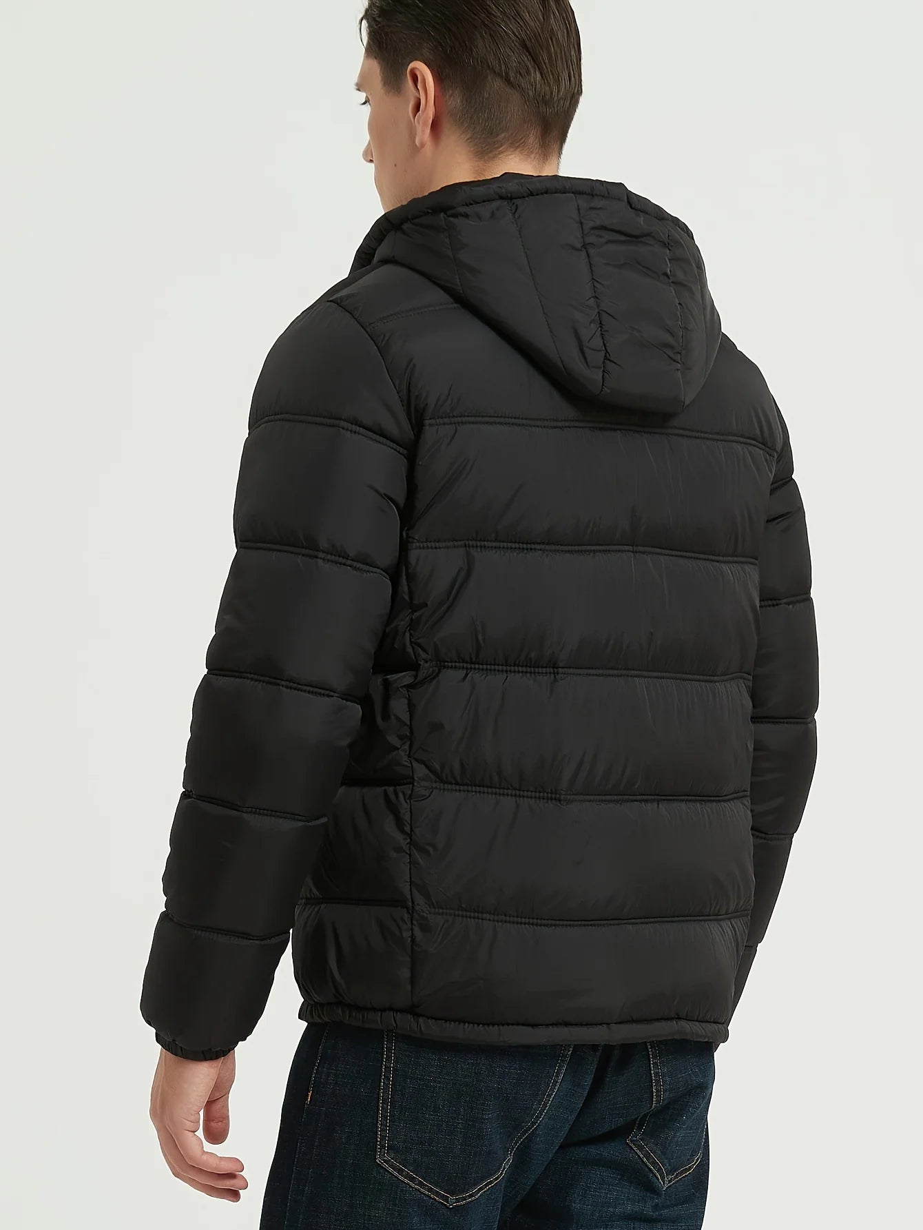 Men's black puffer jacket with hood and zip pockets, photo 3