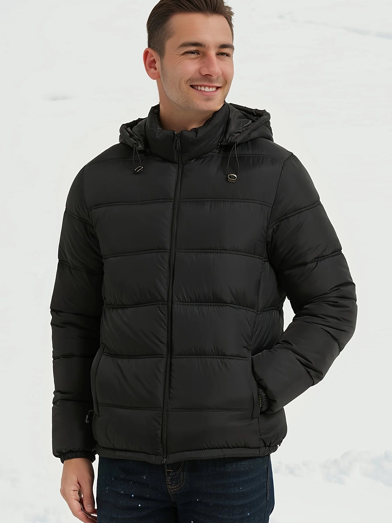 Men's black puffer jacket with hood and zip pockets, photo 4