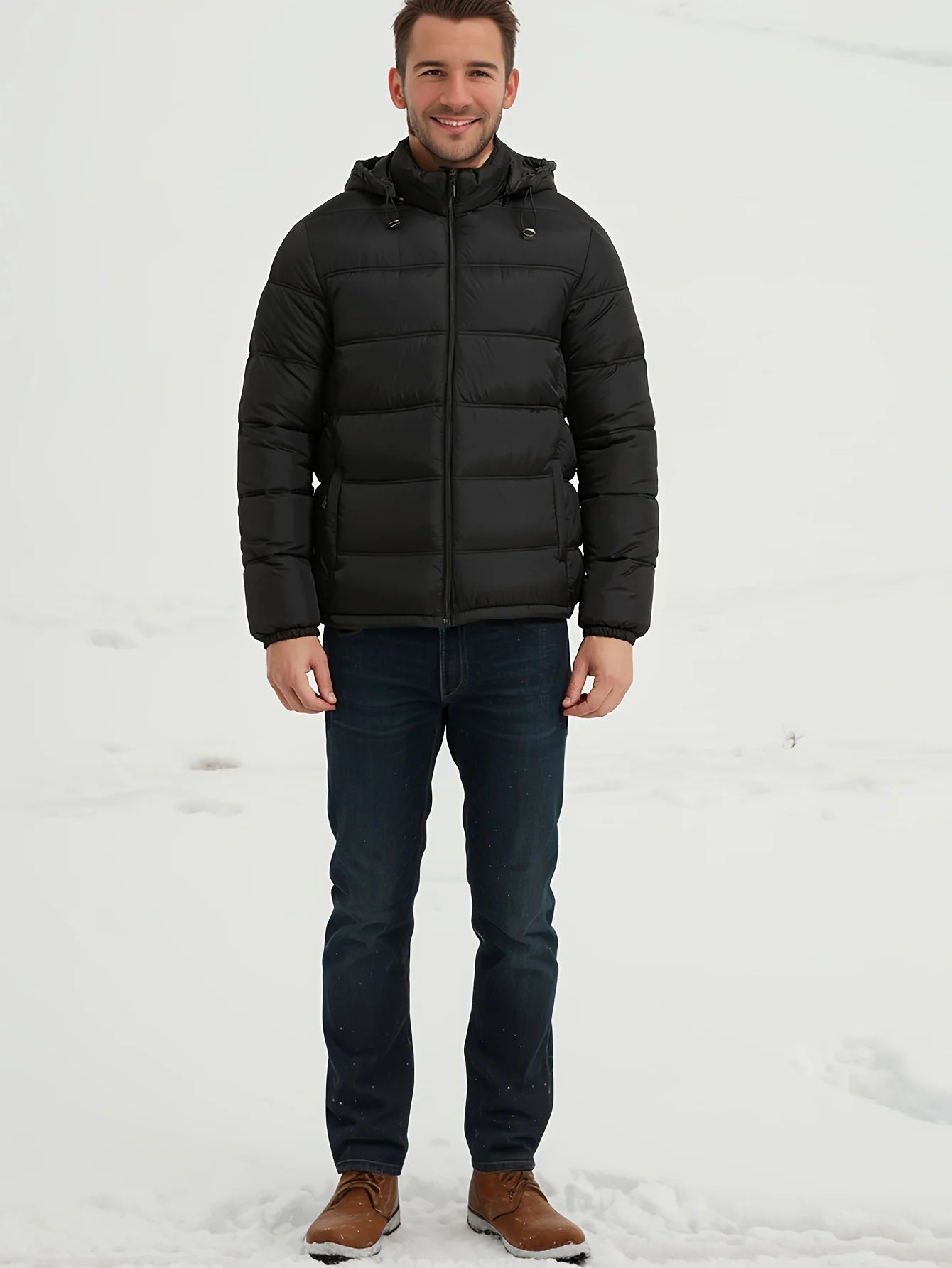 Men's black puffer jacket with hood and zip pockets, photo 6