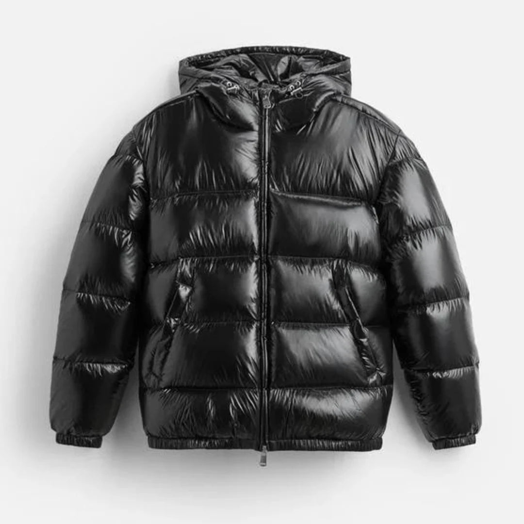 Men's glossy puffer jacket with hood, photo 1