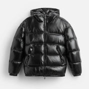 Men's glossy puffer jacket with hood, photo 1