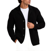 Men's black knitted cardigan blazer with buttons and pockets on a white background