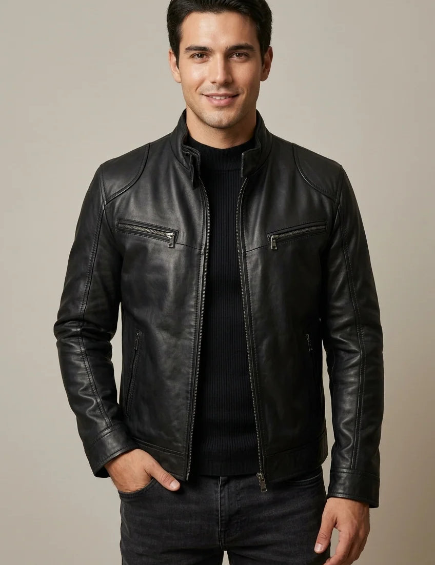 Men's leather look jacket with stand collar and quilted shoulders, photo 1
