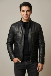 Men's leather look jacket with stand collar and quilted shoulders, photo 1