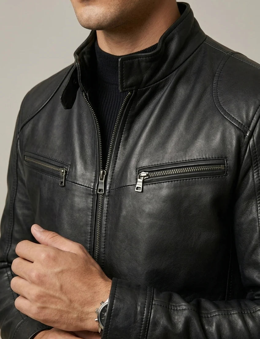 Men's leather look jacket with stand collar and quilted shoulders, photo 2