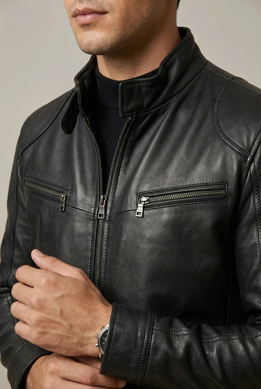 Men's leather look jacket with stand collar and quilted shoulders, photo 2