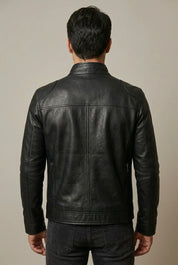 Men's leather look jacket with stand collar and quilted shoulders, photo 3