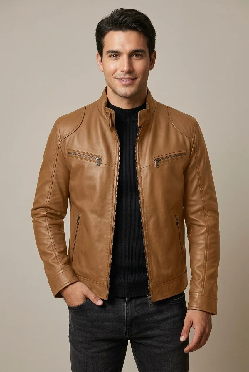Men's leather look jacket with stand collar and quilted shoulders, photo 4