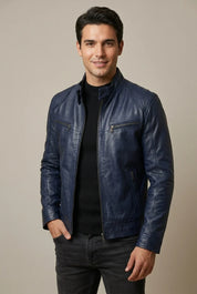 Men's leather look jacket with stand collar and quilted shoulders, photo 5