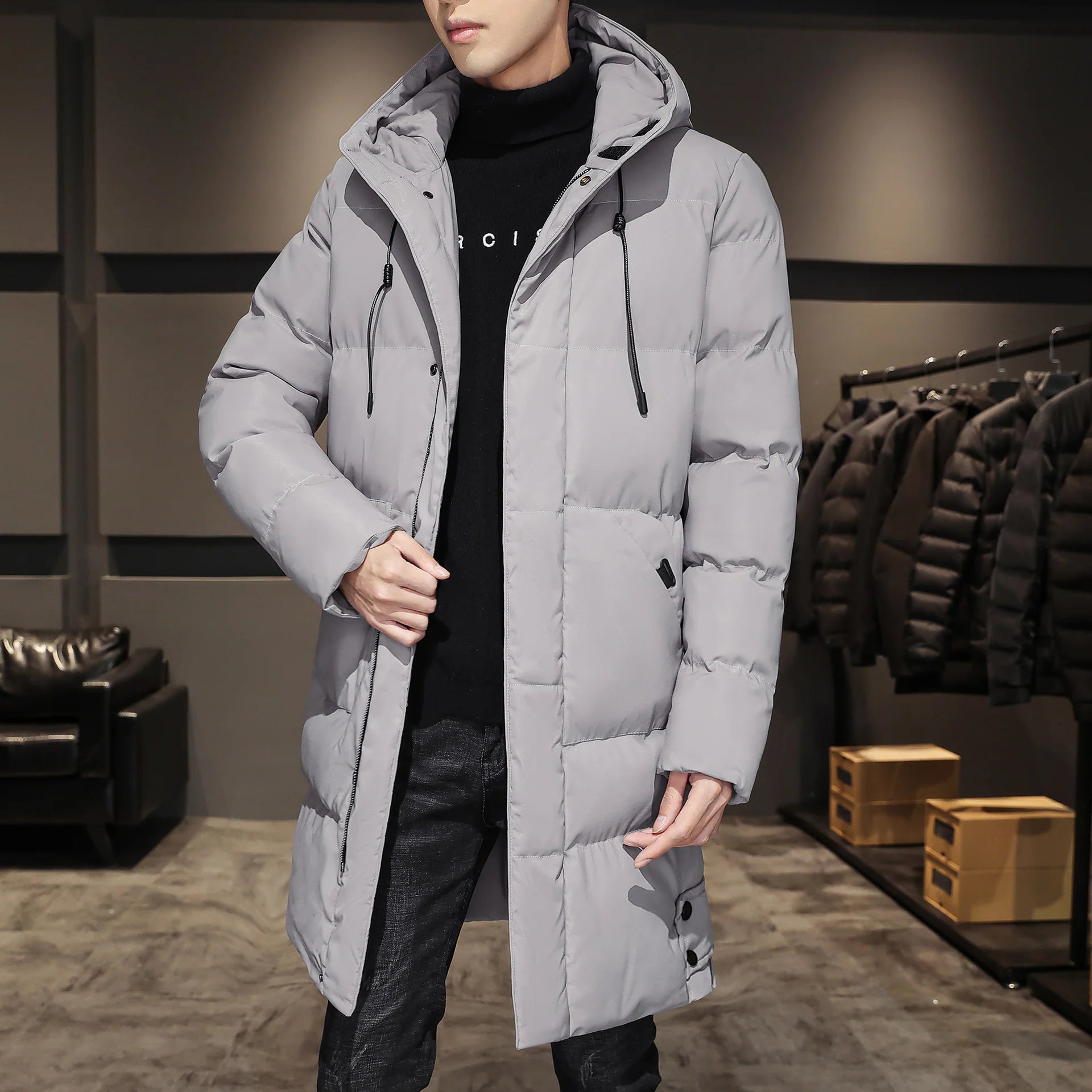 Men's long puffer coat with hood and flap pockets, photo 1