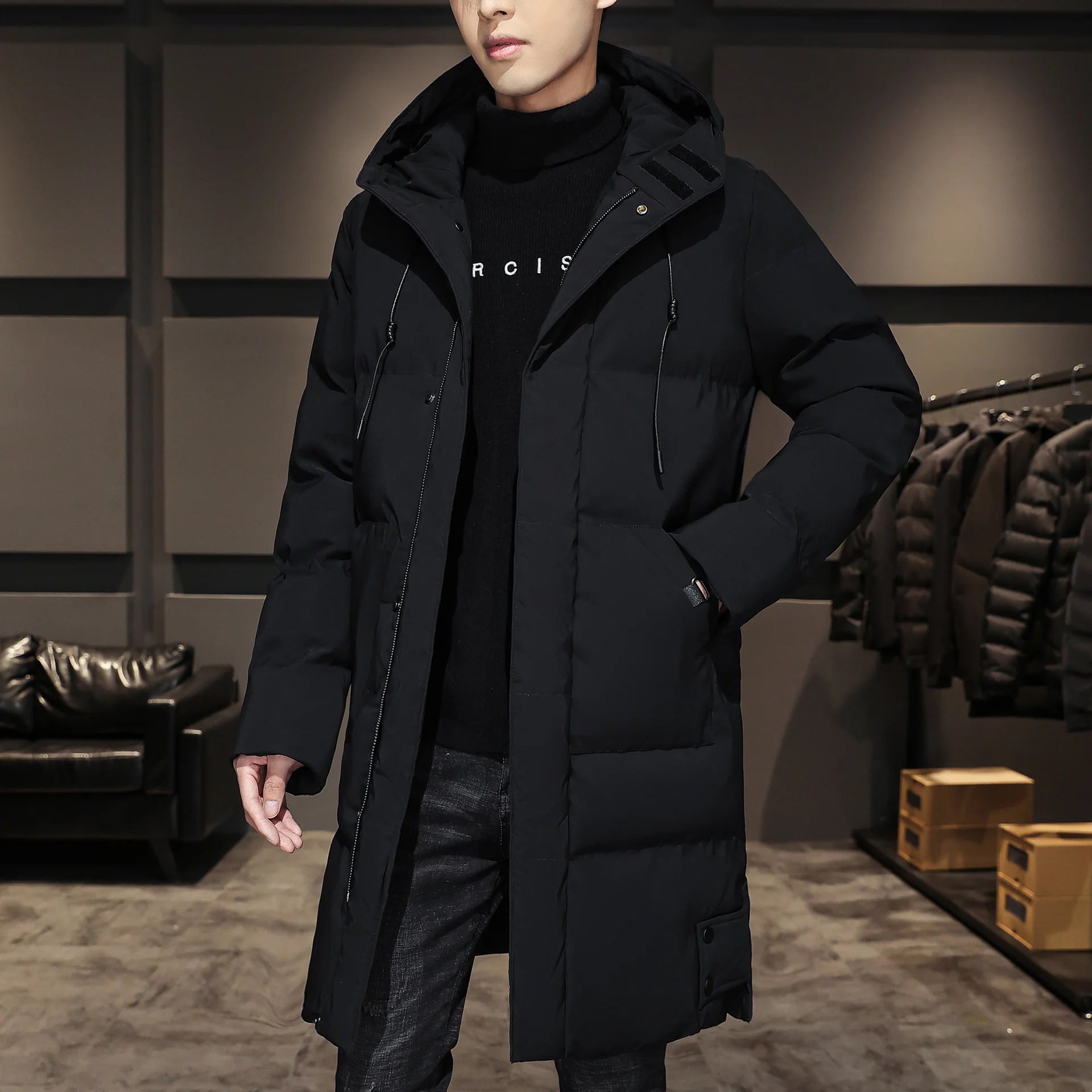 Men's long puffer coat with hood and flap pockets, photo 3