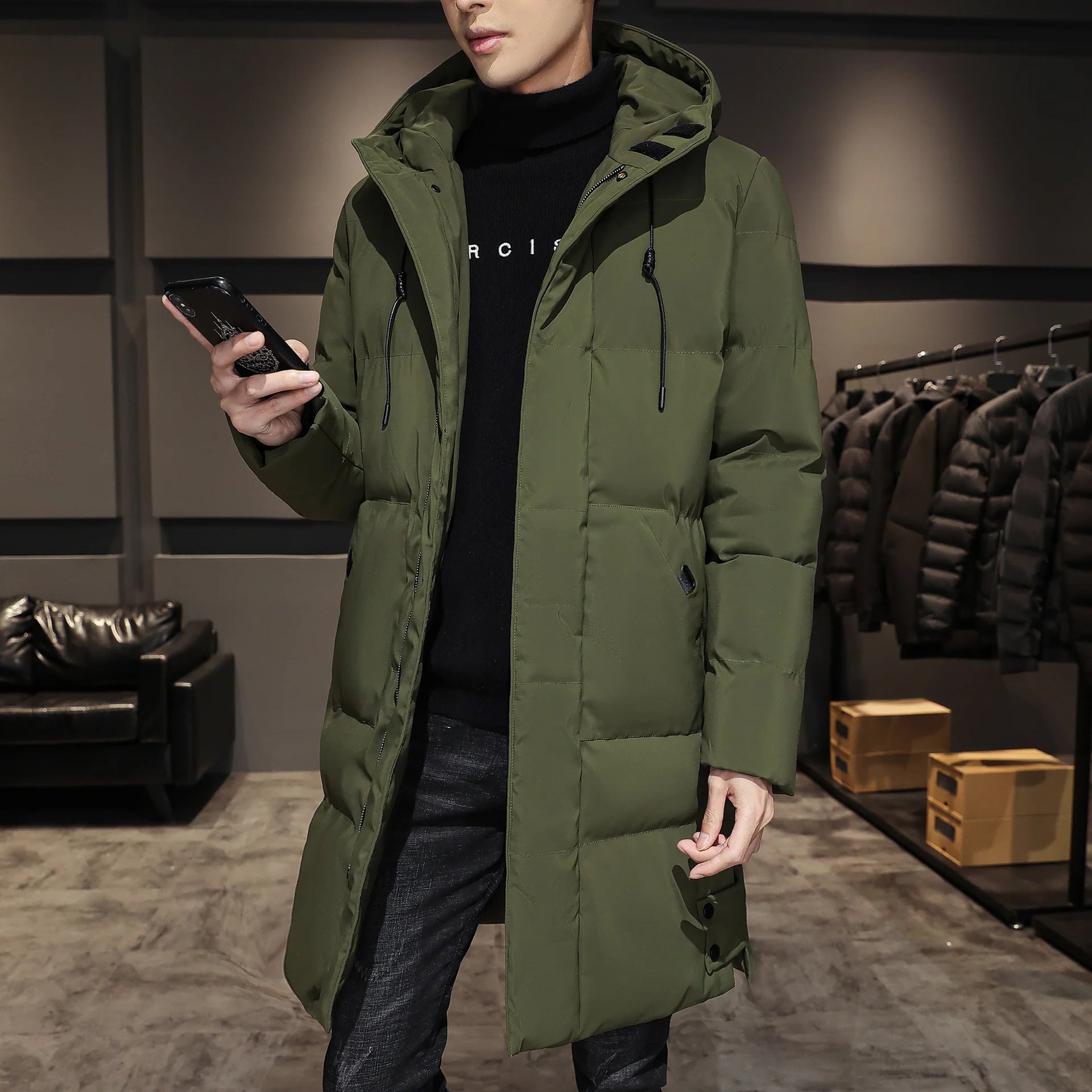 Men's long puffer coat with hood and flap pockets, photo 4