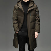 Men's long puffer jacket with detachable hood and pockets, photo 1