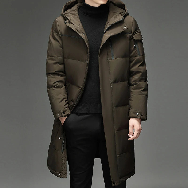 Men's long puffer jacket with detachable hood and pockets, photo 1