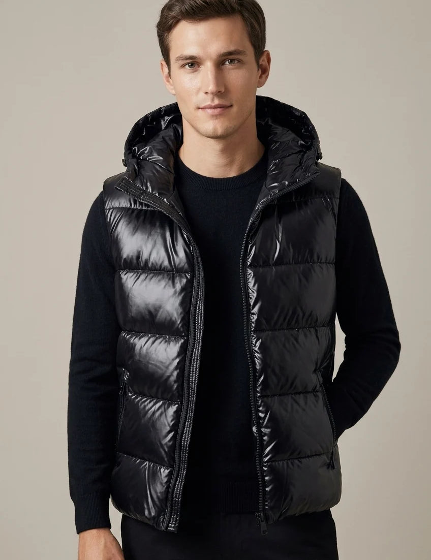 Men's padded hooded gilet with metallic finish, photo 1