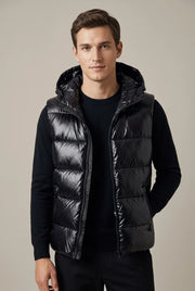Men's padded hooded gilet with metallic finish