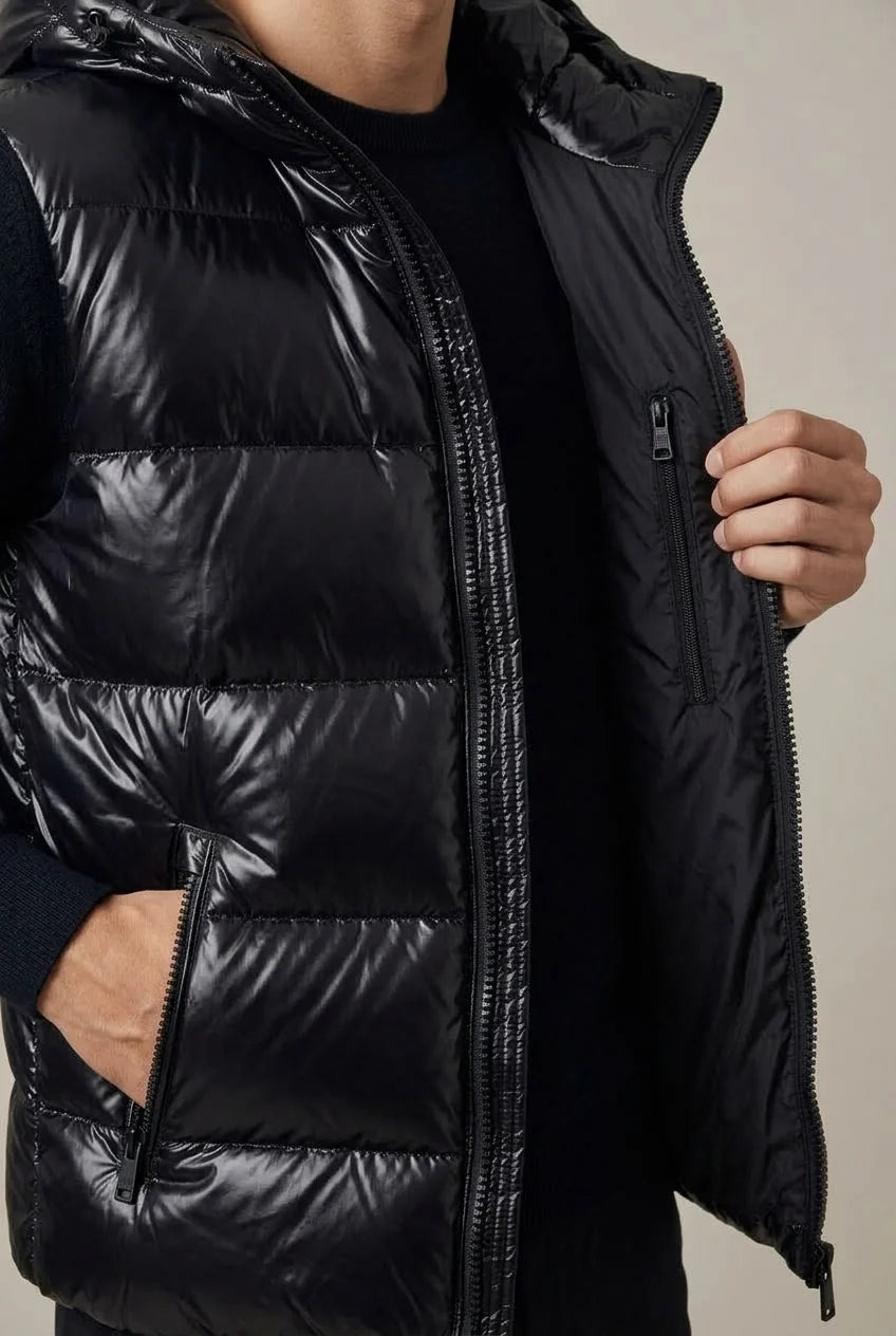 Men's padded hooded gilet with metallic finish, photo 2