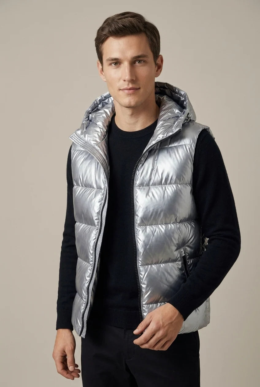 Men's padded hooded gilet with metallic finish, photo 5