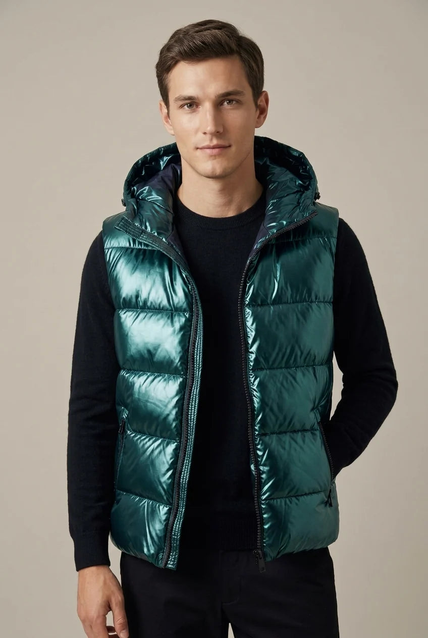 Men's padded hooded gilet with metallic finish, photo 6