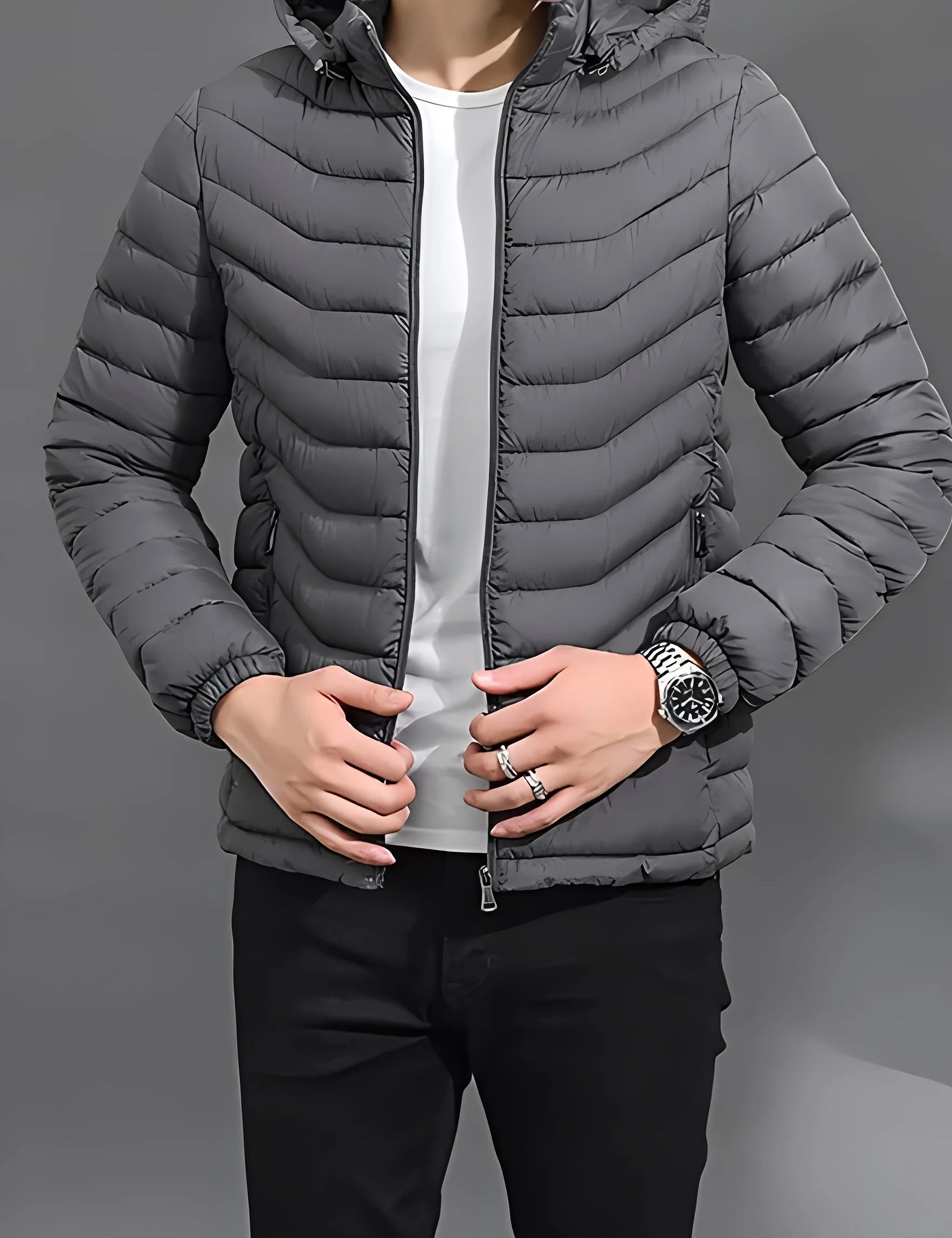 Men's padded puffer jacket with hood and full zip, photo 1