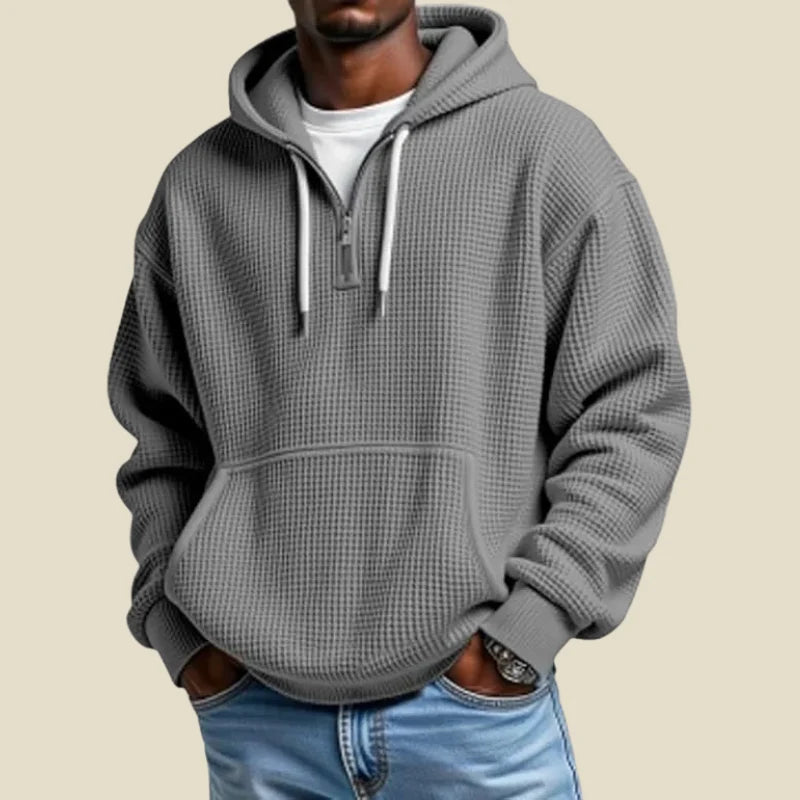 Men's quarter zip hoodie in waffle knit with kangaroo pocket, photo 2