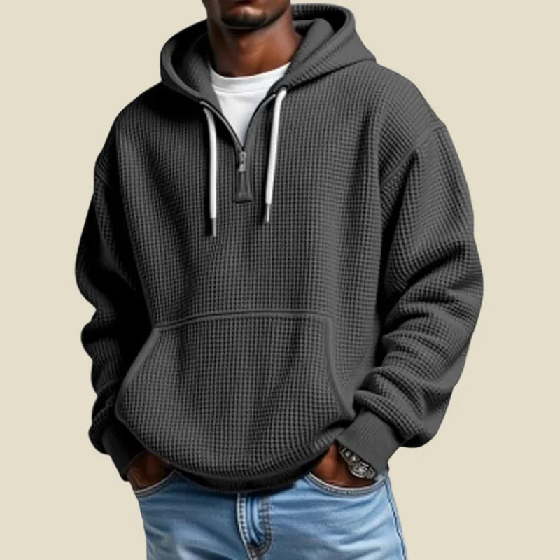 Men's quarter zip hoodie in waffle knit with kangaroo pocket, photo 4