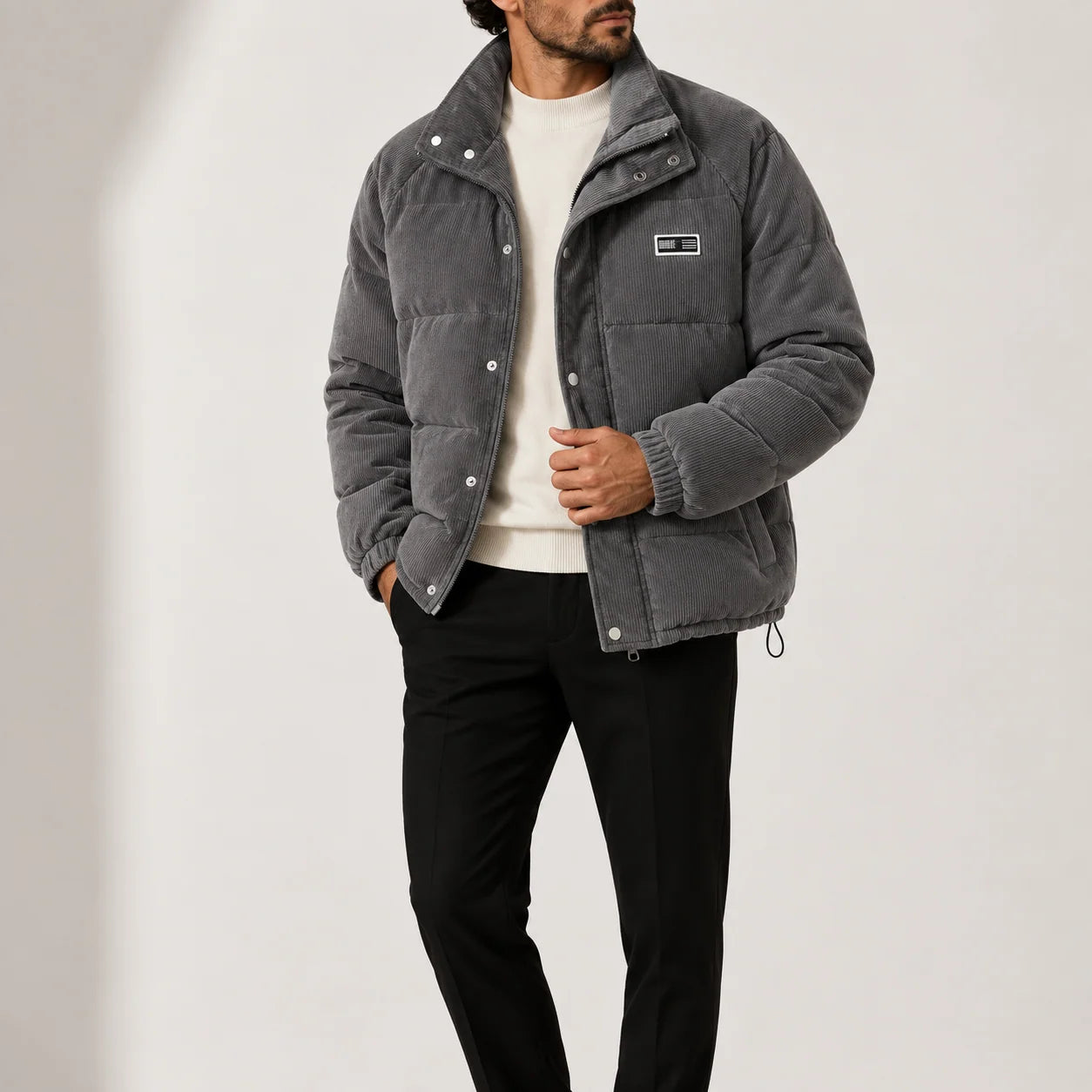 Men's quilted puffer jacket with corduroy details and stand collar, photo 1