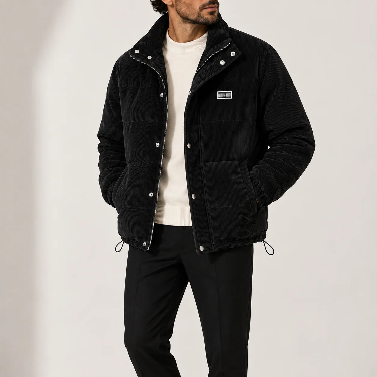 Men's quilted puffer jacket with corduroy details and stand collar, photo 4
