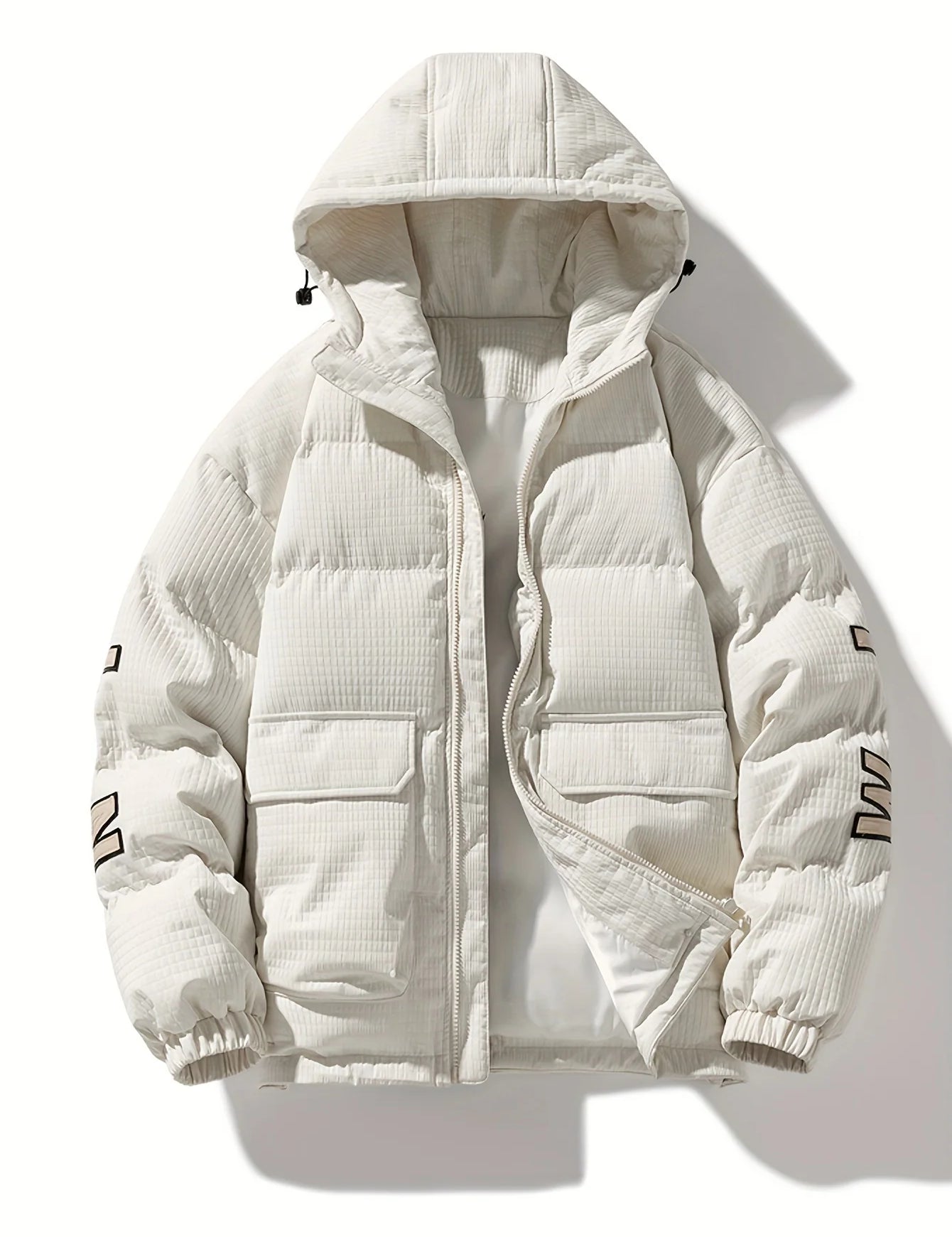 Men's quilted puffer jacket with hood and back print, photo 1
