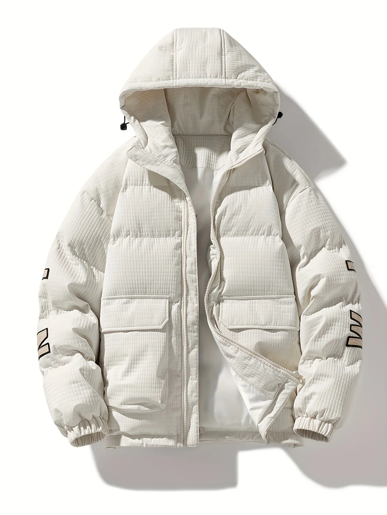 Men's quilted puffer jacket with hood and back print, photo 1