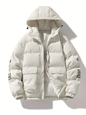 Men's quilted puffer jacket with hood and back print, photo 1