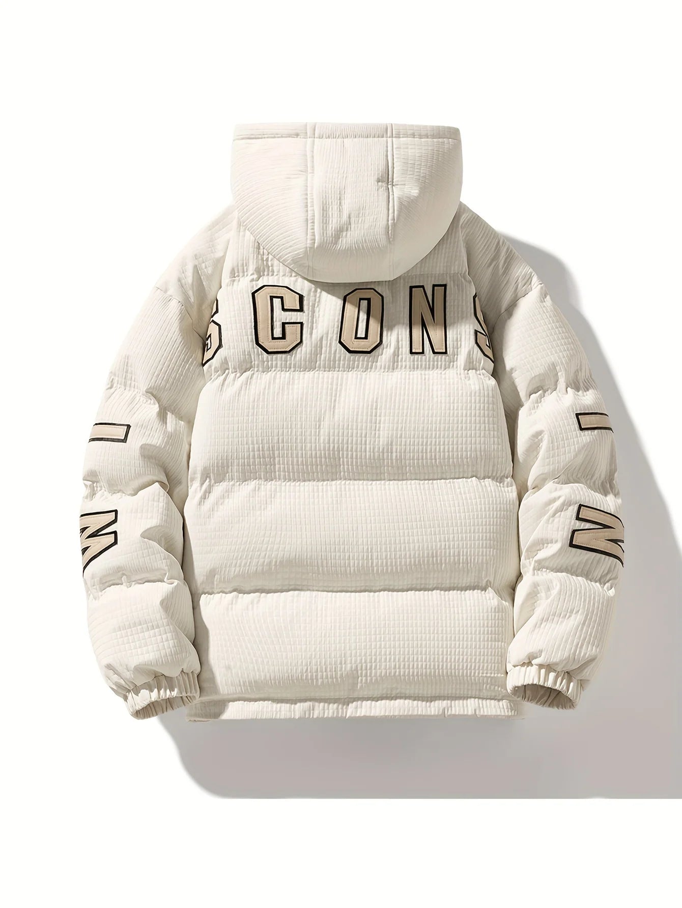 Men's quilted puffer jacket with hood and back print, photo 3