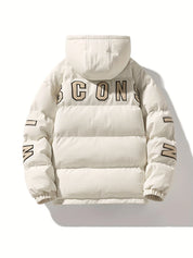 Men's quilted puffer jacket with hood and back print, photo 3