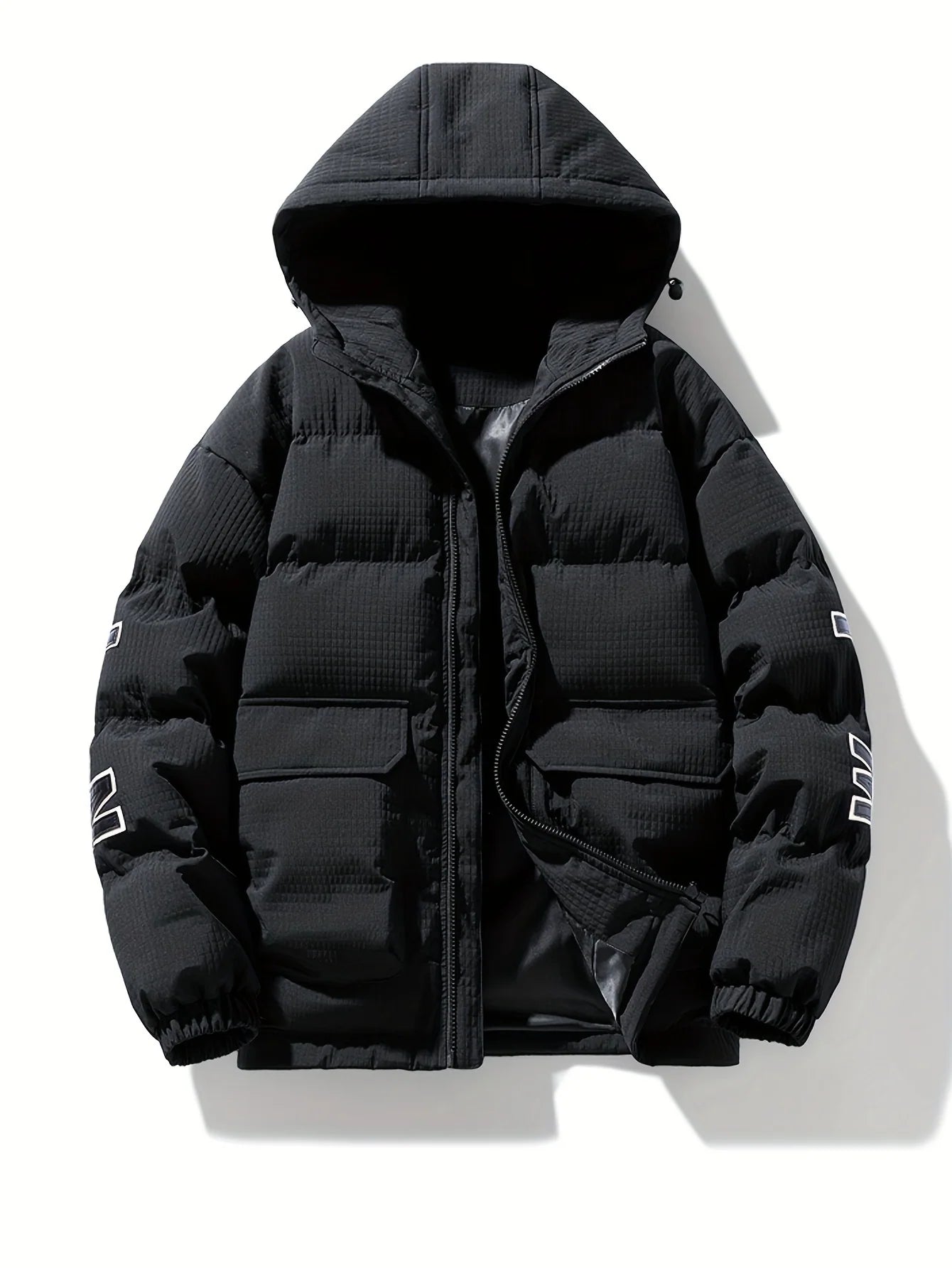 Men's quilted puffer jacket with hood and back print, photo 6