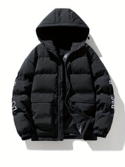Men's quilted puffer jacket with hood and back print, photo 6
