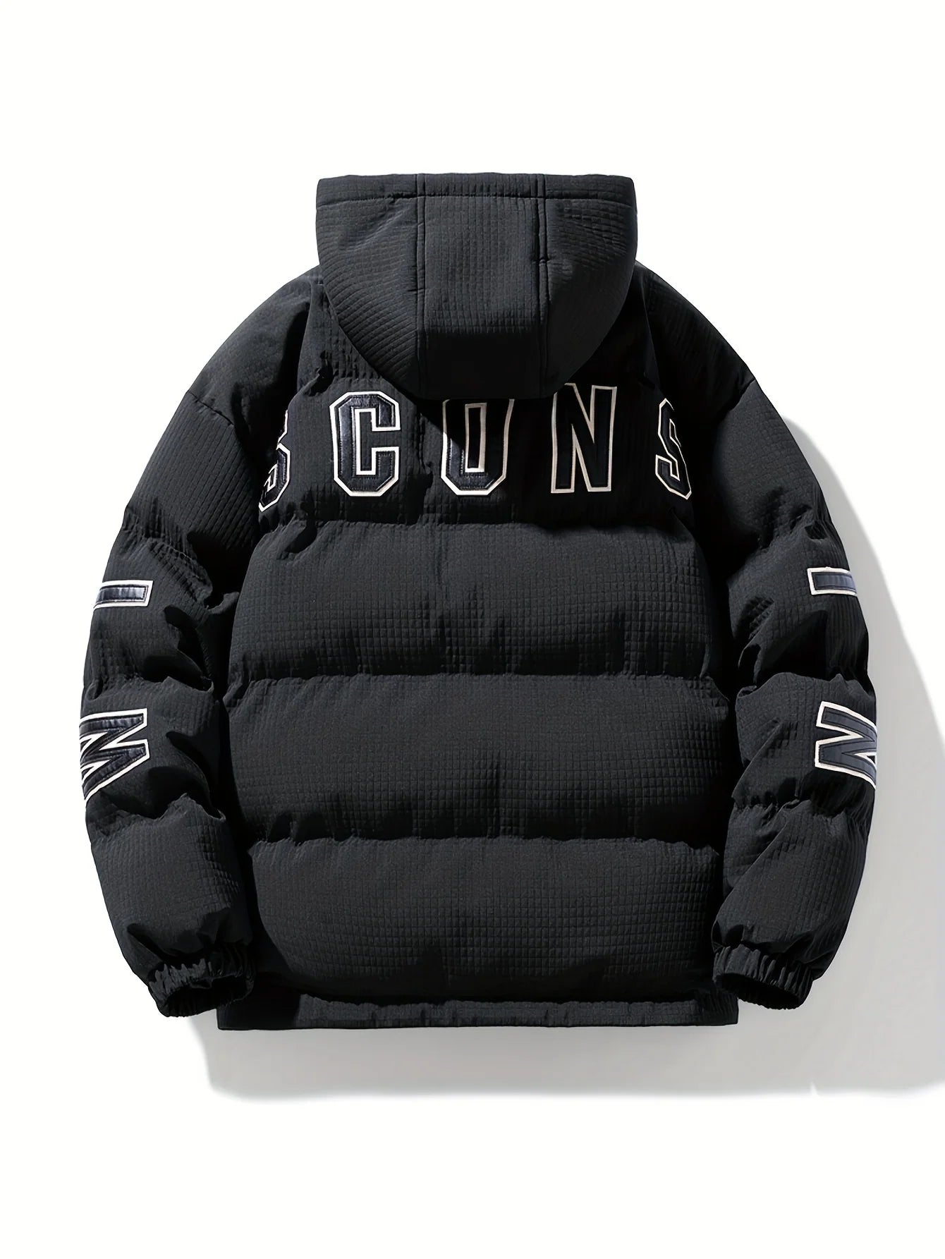 Men's quilted puffer jacket with hood and back print, photo 9