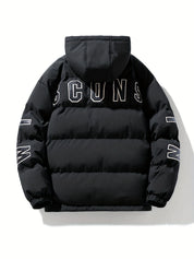 Men's quilted puffer jacket with hood and back print, photo 9