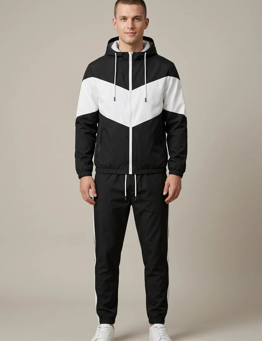 Men's tracksuit with hooded jacket and contrast panels, photo 1