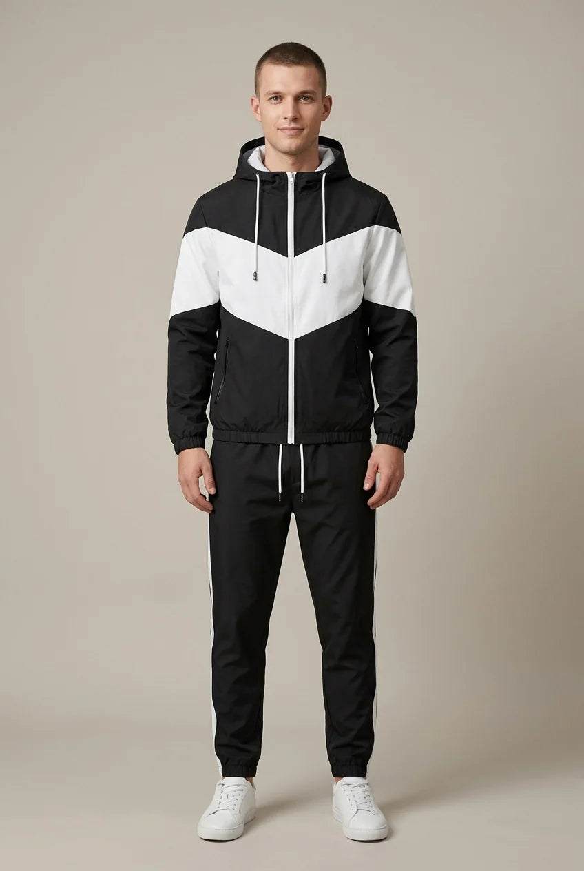 Men's tracksuit with hooded jacket and contrast panels, photo 1