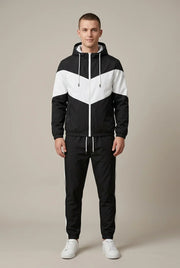 Men's tracksuit with hooded jacket and contrast panels