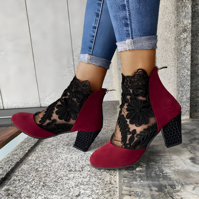 Women's mesh ankle boots with block heel and wide toe box