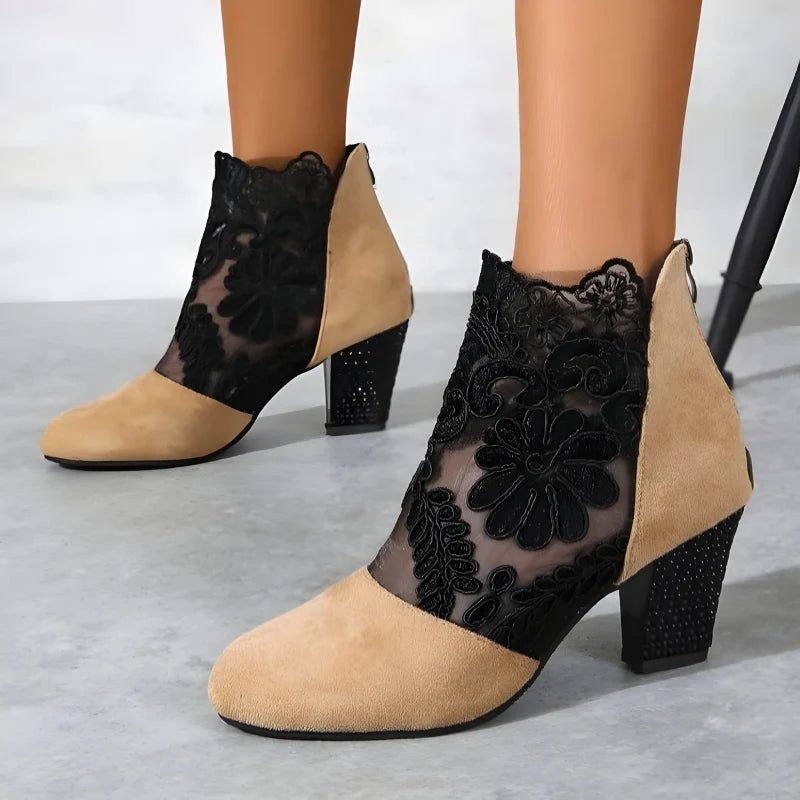 Women's mesh ankle boots with block heel and wide toe box in beige