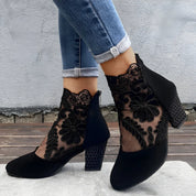 Women's mesh ankle boots with block heel and wide toe box in black
