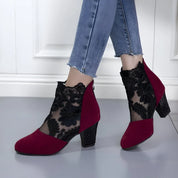 Women's mesh ankle boots with block heel and wide toe box in burgundy