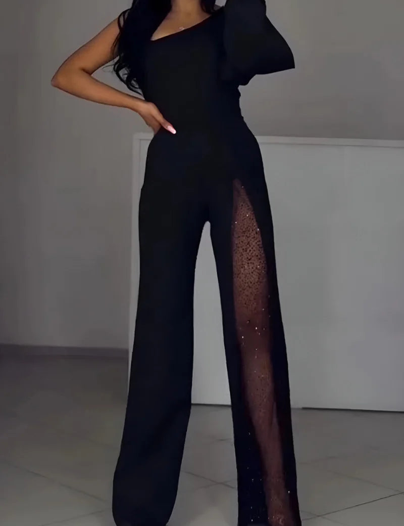 Women's off-shoulder jumpsuit in black with sheer wide legs